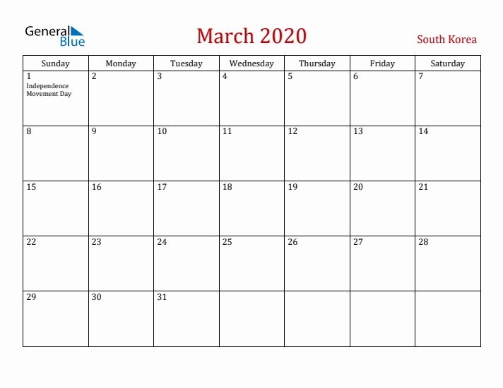 South Korea March 2020 Calendar - Sunday Start