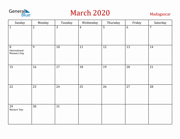 Madagascar March 2020 Calendar - Sunday Start