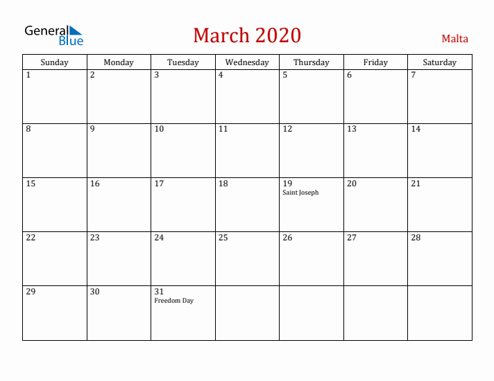Malta March 2020 Calendar - Sunday Start