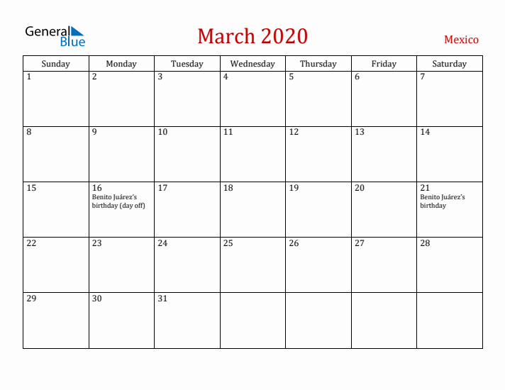 Mexico March 2020 Calendar - Sunday Start