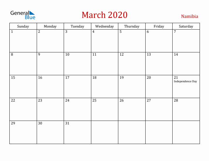 Namibia March 2020 Calendar - Sunday Start