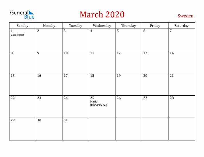 Sweden March 2020 Calendar - Sunday Start