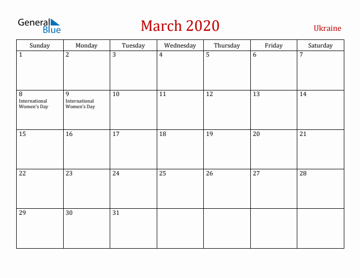 Ukraine March 2020 Calendar - Sunday Start