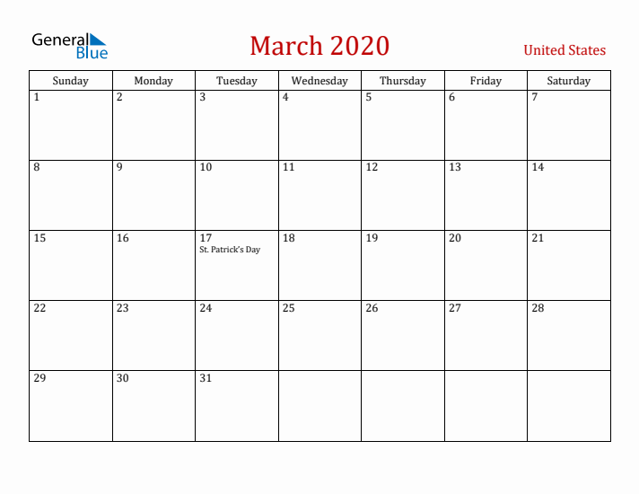 United States March 2020 Calendar - Sunday Start