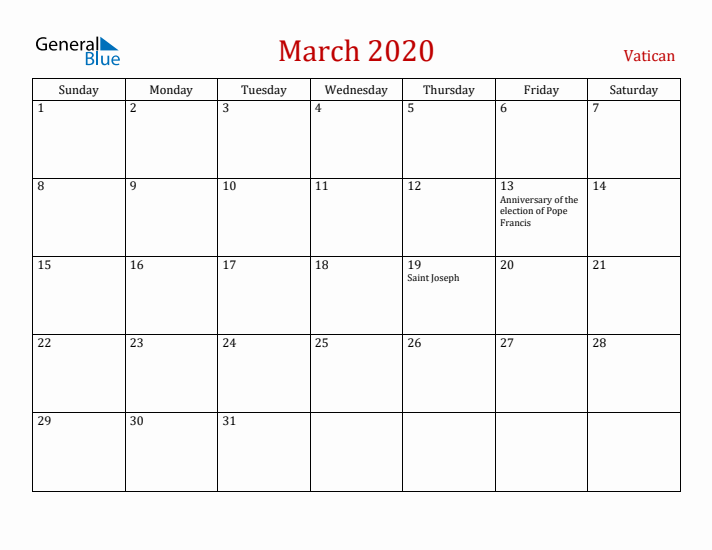 Vatican March 2020 Calendar - Sunday Start