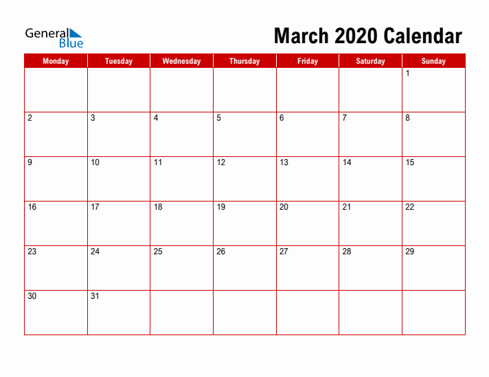 Simple Monthly Calendar - March 2020