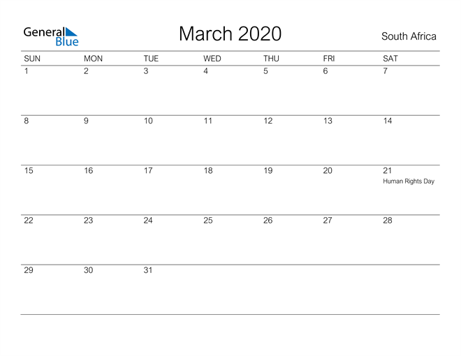 Printable March 2020 Calendar for South Africa