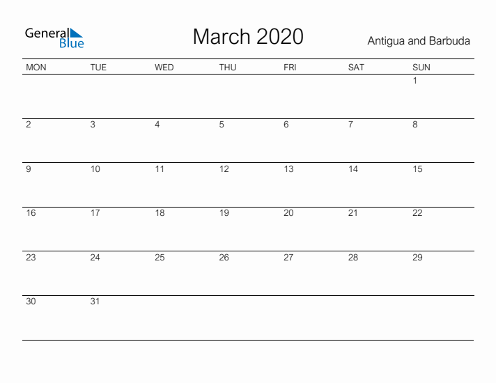 Printable March 2020 Calendar for Antigua and Barbuda