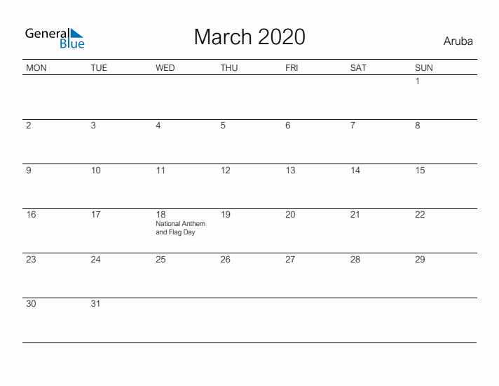 Printable March 2020 Calendar for Aruba