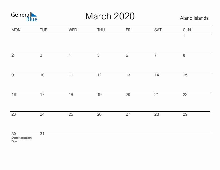 Printable March 2020 Calendar for Aland Islands