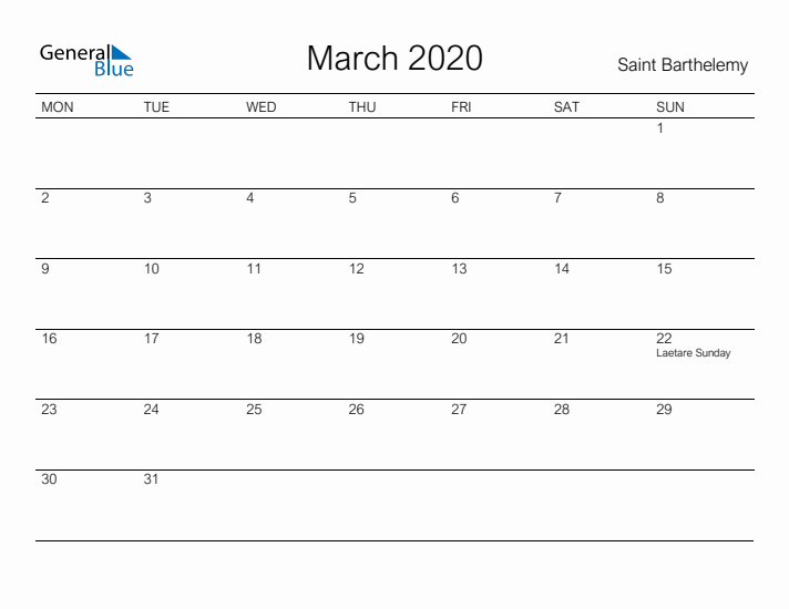 Printable March 2020 Calendar for Saint Barthelemy