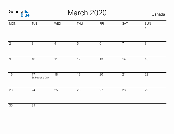 Printable March 2020 Calendar for Canada