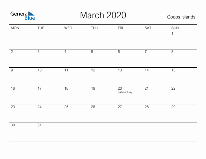 Printable March 2020 Calendar for Cocos Islands