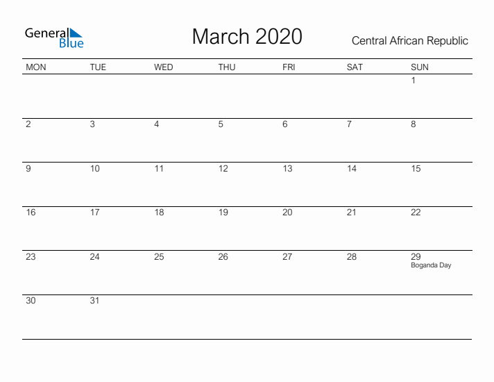Printable March 2020 Calendar for Central African Republic