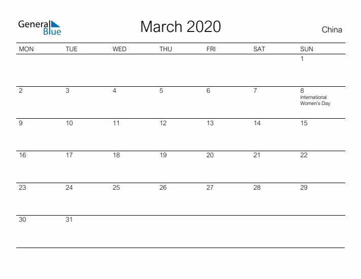 Printable March 2020 Calendar for China