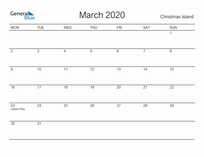 Printable March 2020 Calendar for Christmas Island