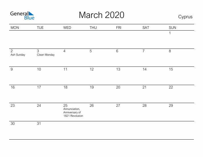 Printable March 2020 Calendar for Cyprus