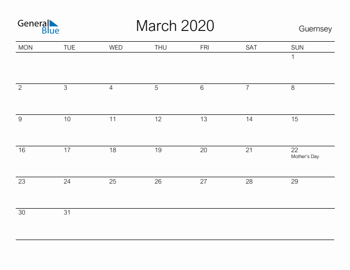 Printable March 2020 Calendar for Guernsey