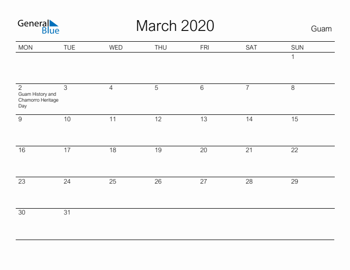 Printable March 2020 Calendar for Guam