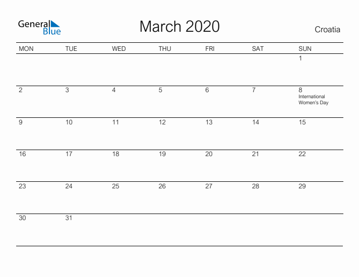 Printable March 2020 Calendar for Croatia