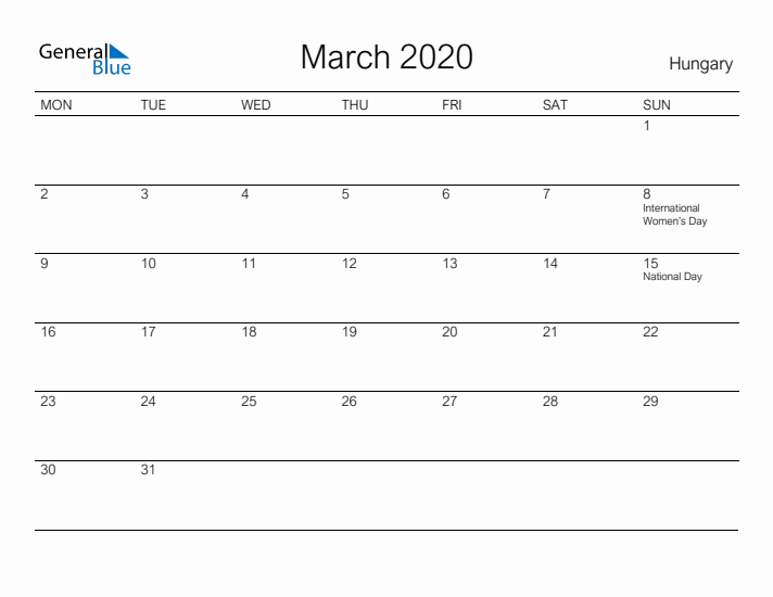 Printable March 2020 Calendar for Hungary