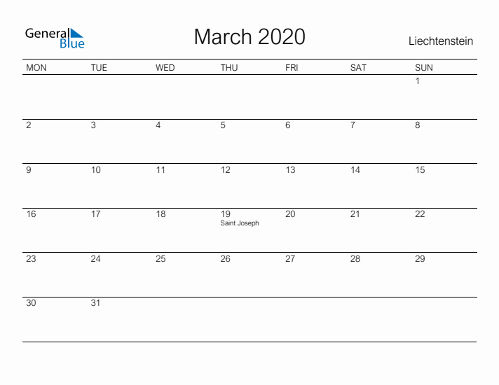 Printable March 2020 Calendar for Liechtenstein