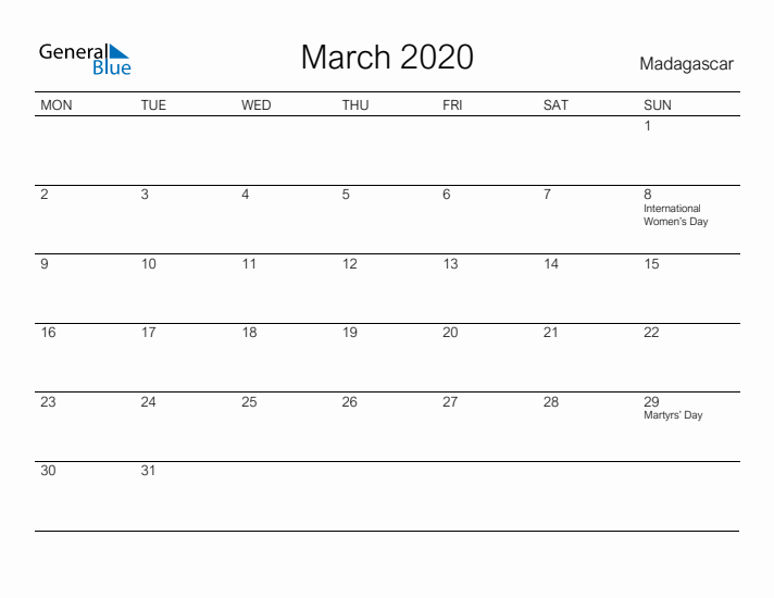 Printable March 2020 Calendar for Madagascar