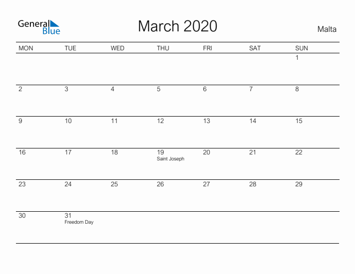 Printable March 2020 Calendar for Malta
