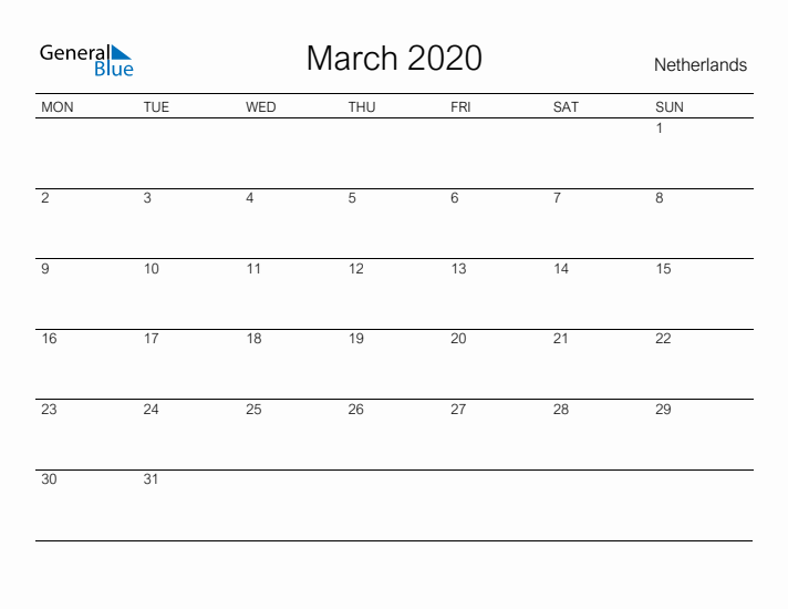 Printable March 2020 Calendar for The Netherlands