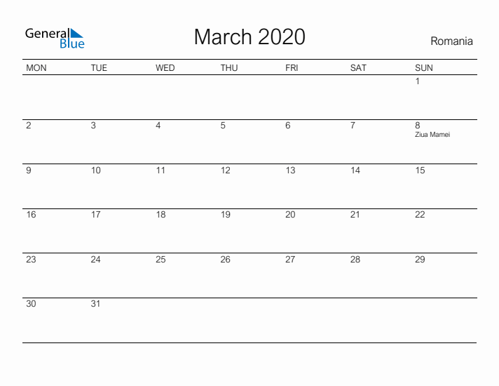 Printable March 2020 Calendar for Romania