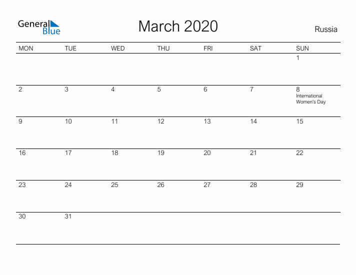 Printable March 2020 Calendar for Russia