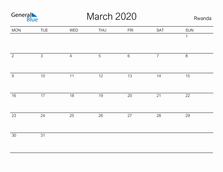 Printable March 2020 Calendar for Rwanda