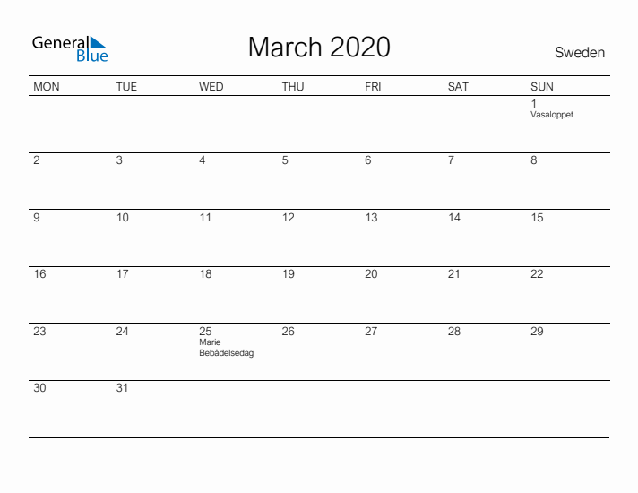 Printable March 2020 Calendar for Sweden
