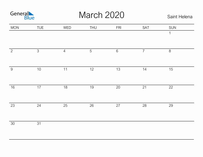 Printable March 2020 Calendar for Saint Helena