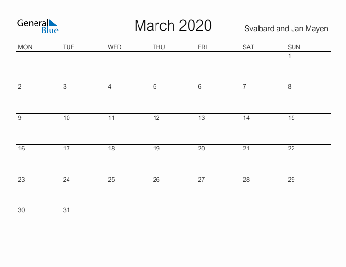 Printable March 2020 Calendar for Svalbard and Jan Mayen