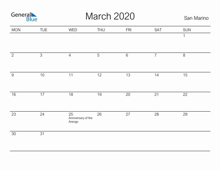 Printable March 2020 Calendar for San Marino