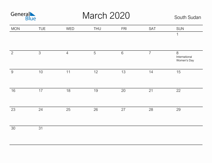 Printable March 2020 Calendar for South Sudan