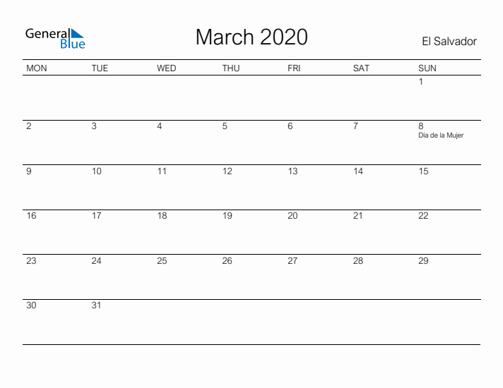 Printable March 2020 Calendar for El Salvador