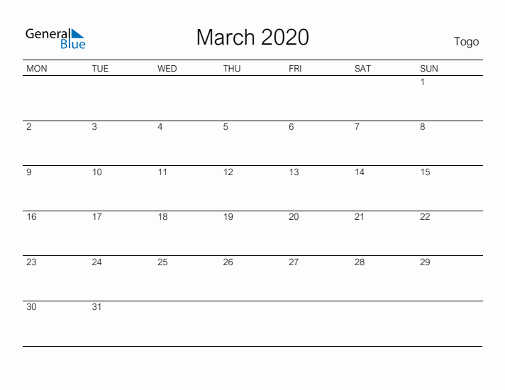 Printable March 2020 Calendar for Togo
