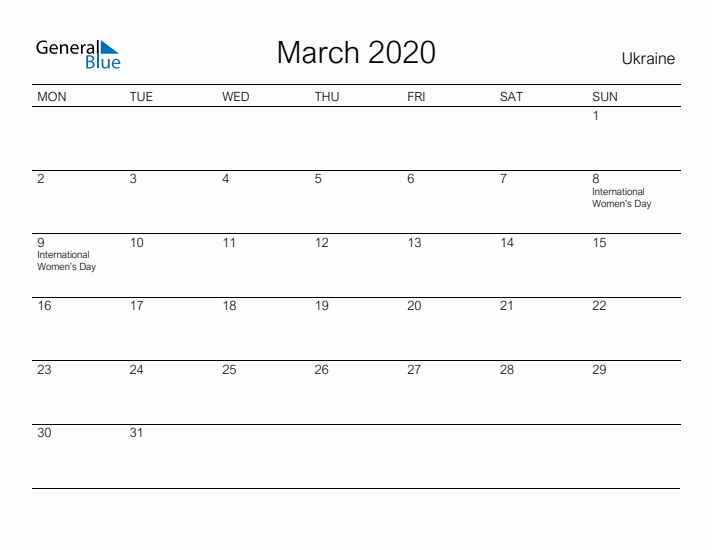 Printable March 2020 Calendar for Ukraine