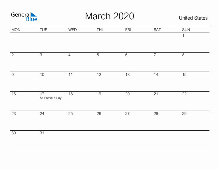Printable March 2020 Calendar for United States