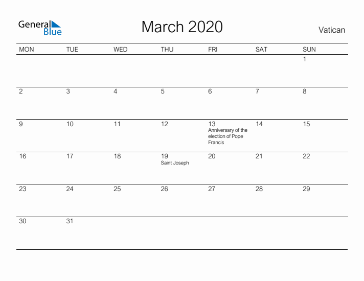 Printable March 2020 Calendar for Vatican