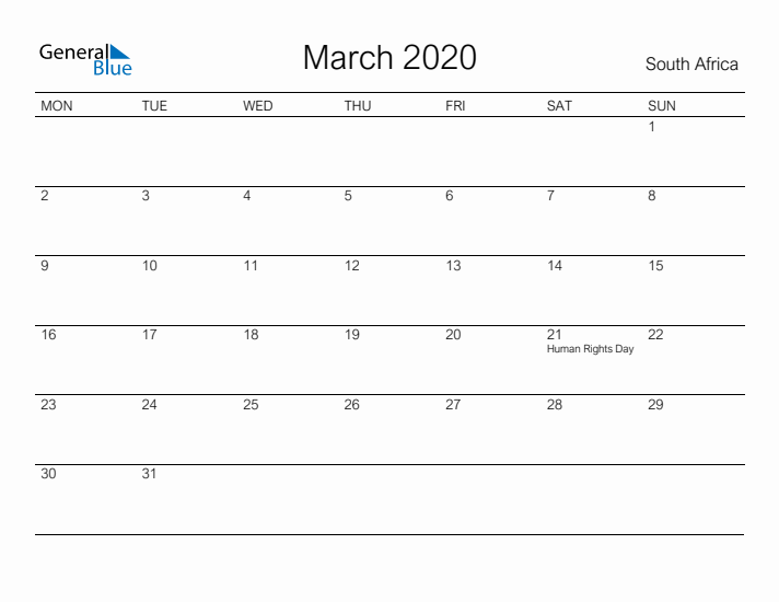 Printable March 2020 Calendar for South Africa