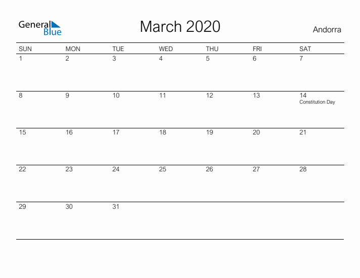 Printable March 2020 Calendar for Andorra