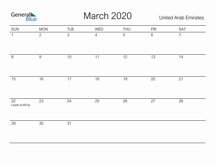 Printable March 2020 Calendar for United Arab Emirates