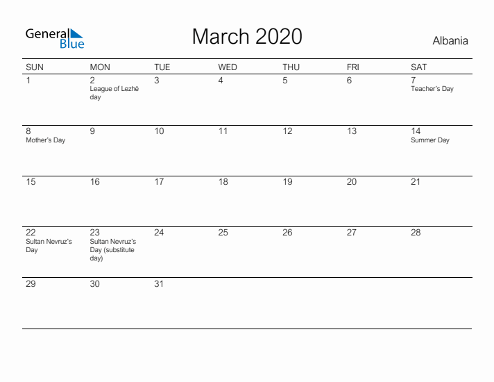 Printable March 2020 Calendar for Albania
