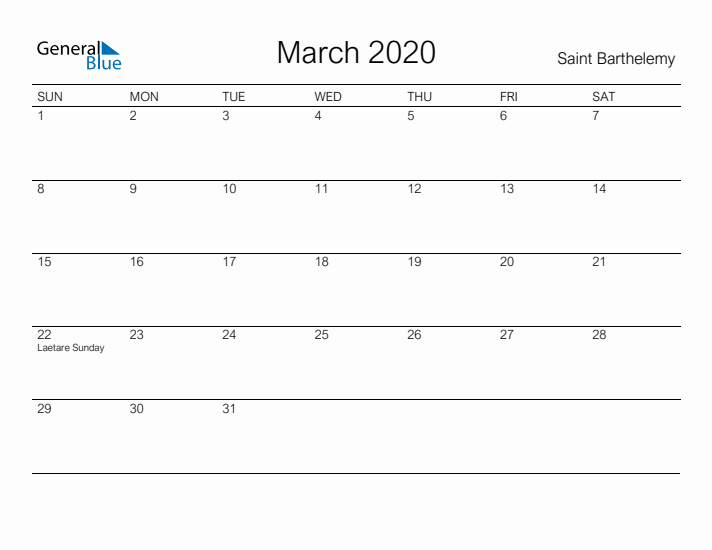 Printable March 2020 Calendar for Saint Barthelemy