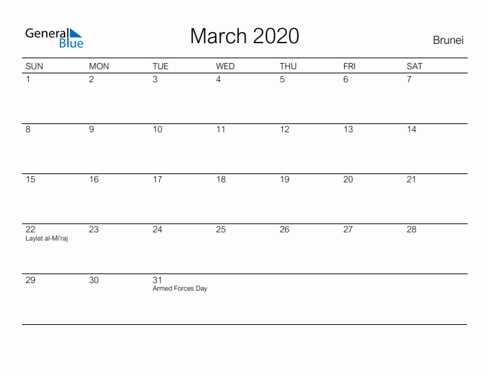 Printable March 2020 Calendar for Brunei