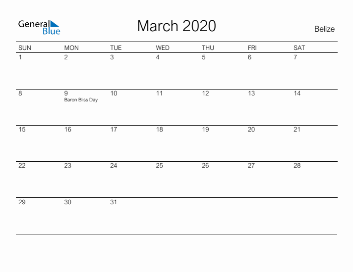 Printable March 2020 Calendar for Belize