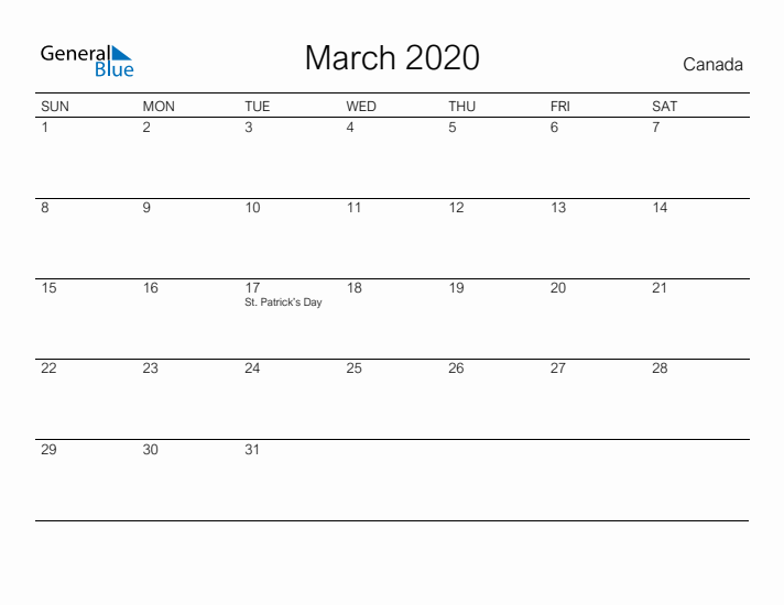 Printable March 2020 Calendar for Canada